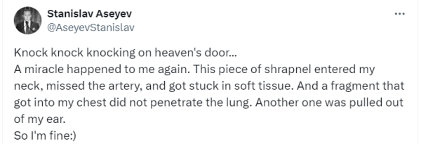 Журналіст, колишній політв'язень Кремля та чинний військовий Станіслав Асєєв отримав поранення на фронті. Про це він повідомив у соцмережі Х. 1