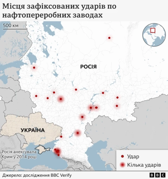 ```html Мапа місць зафіксованих ударів по російських НПЗ