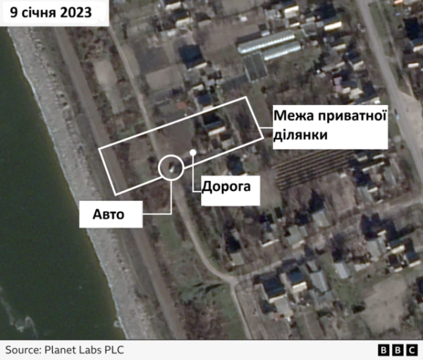 Автор фото, Vitaly Shevchenko/BBC Супутниковий знімок, на якому видно докази використання росіянами будинку дитинства Віталія в Запорізькій області