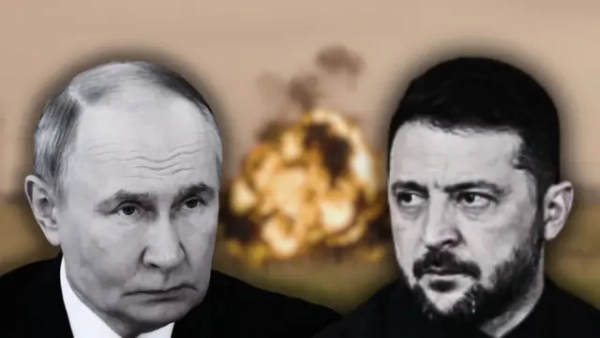 Автор фото, BBC/Getty Images Колаж - чорно-білі обличчя Путіна та Зеленського, на задньому тлі - вибух