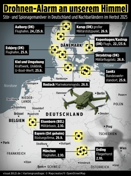 Автор фото, Getty Images Німецький Bild подає карту дронових відвідин у Європі. І це не лише аеропорти