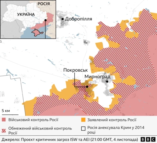 Автор фото, Getty Images Мапа фронту біля Покровська та Мирнограда