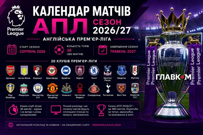 ЧАС НОВИН в Україні 62 АПЛ – матчі, розклад, календар 2026/27