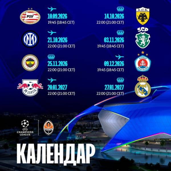 Шахтар розкрив календар матчів Ліги чемпіонів 6